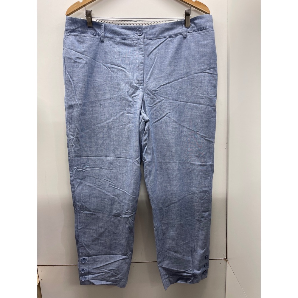 Talbots Perfect Crop Pants Womens 14 Blue Cotton Chambray Button Hem Trousers